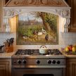 Tile mural with mallard ducks and ducklings with a farmhouse